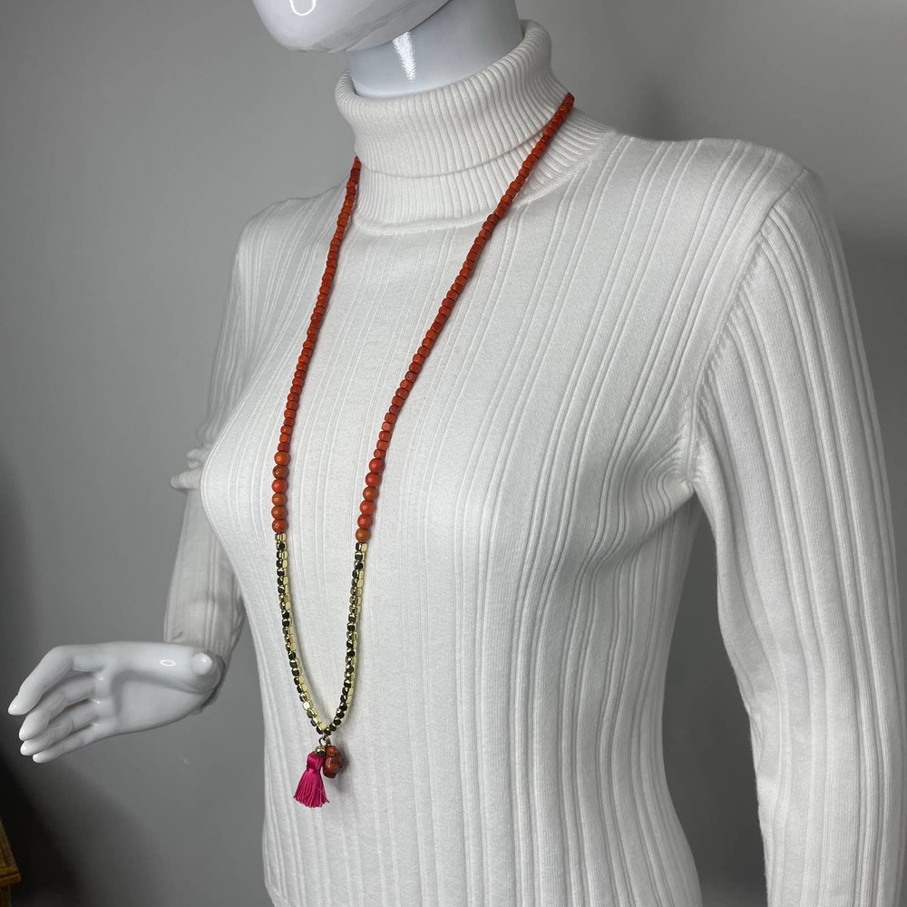 Chico's beaded necklace costume signed jewelry burnt orange stone beads tassel